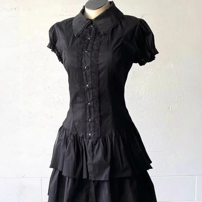 Vintage Black Y2k Dresses Lace Shirt Dress for Women Slim Waist All-match Dresses Short Sleeve Vestidos De Mujer Summer Dress