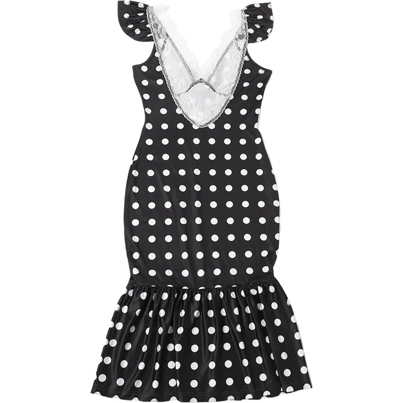 Polka Dot Ruched Dress Elegant Birthday Party Skinny Bodycon Sexy Backless Dress Women Flying Sleeve Lace Trim Applique