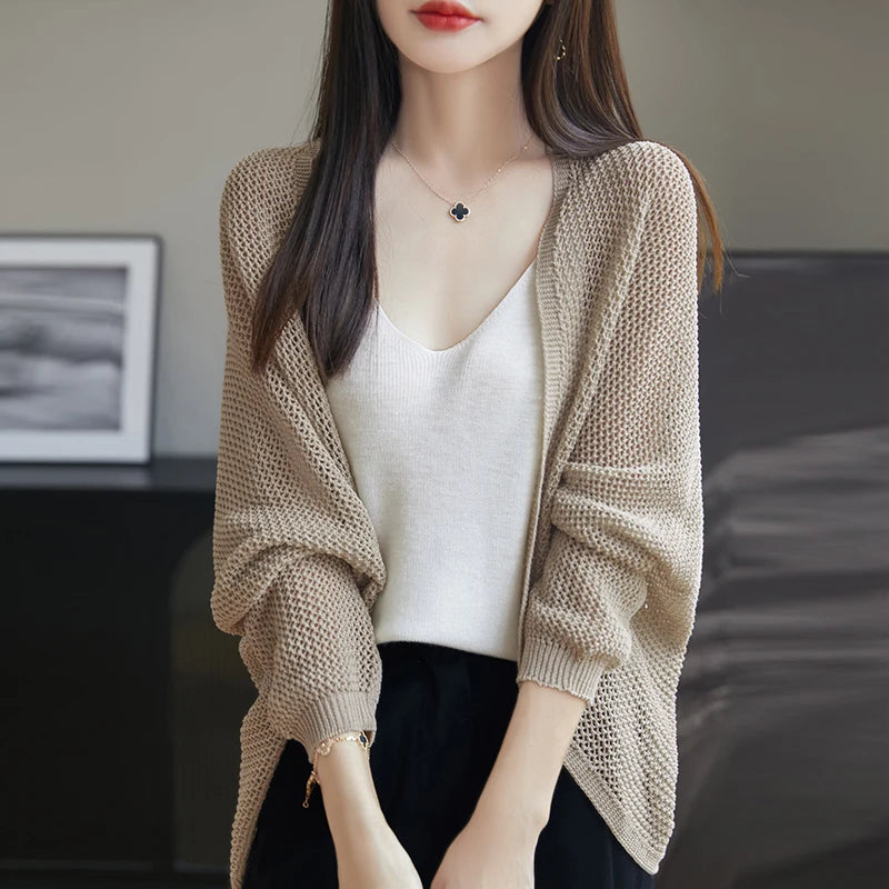 2025 New Hollow Out Loose Knit Cardigan Women Openwork Linen Shawl Summer Kimono Style Unique Cape Shawl Sweater Shrug Top Light camel