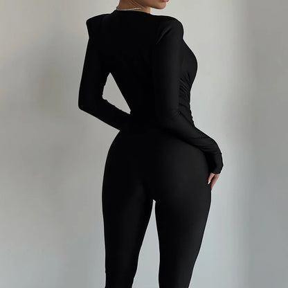 JUISSA MO Sexy Deep V-neck Ruched Women Jumpsuit Long Sleeve High Waist Playsuit Female Winter Bodycon Elegant Sporty Clothing Badiee Stylez