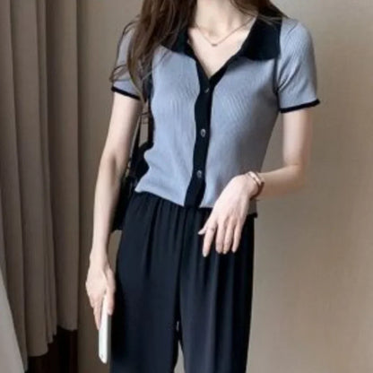 Elegant V-Knit Polo Neck Tee - Grey Short Sleeve Women's Top, Trendy & Unique Style