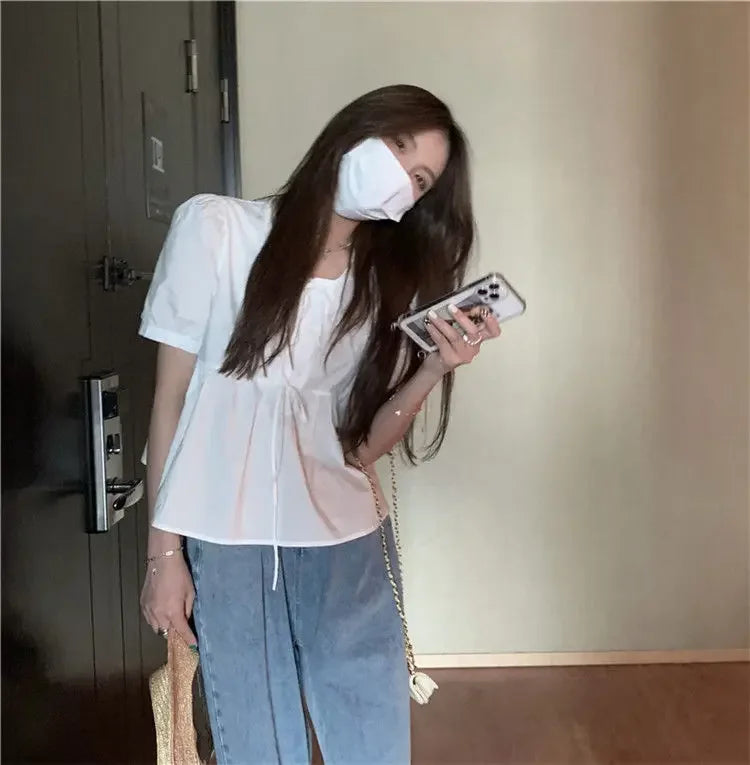 Ruffles Shirts and Blouses Korea Short Sleeve Top Women 2024 Summer Lace-up Sweet Blouses Cute Elegant Solid Sweet Folds Clothes