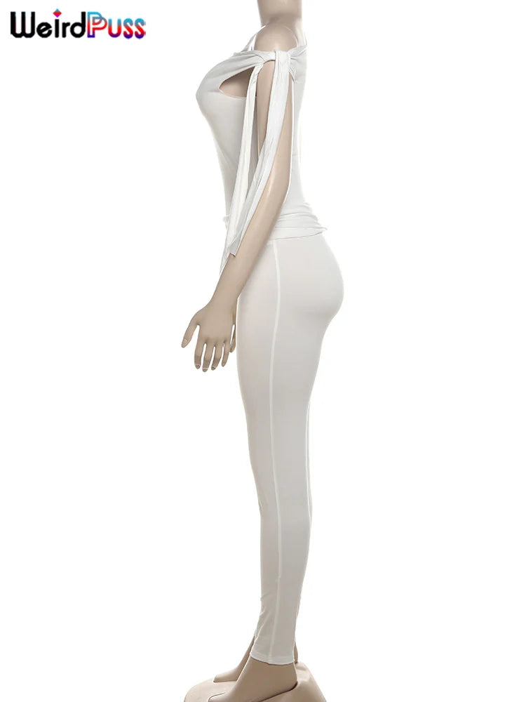 Weird Puss Chic Elegant 2 Piece Set Women Tracksuit Skew Collar Ribbon Tank Tsop+Leggings Casual Skinny Stretch Matching Outfits