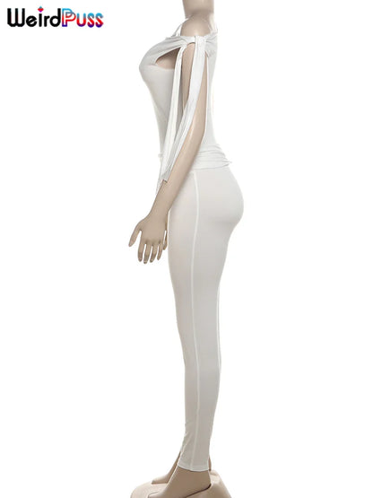 Weird Puss Chic Elegant 2 Piece Set Women Tracksuit Skew Collar Ribbon Tank Tsop+Leggings Casual Skinny Stretch Matching Outfits