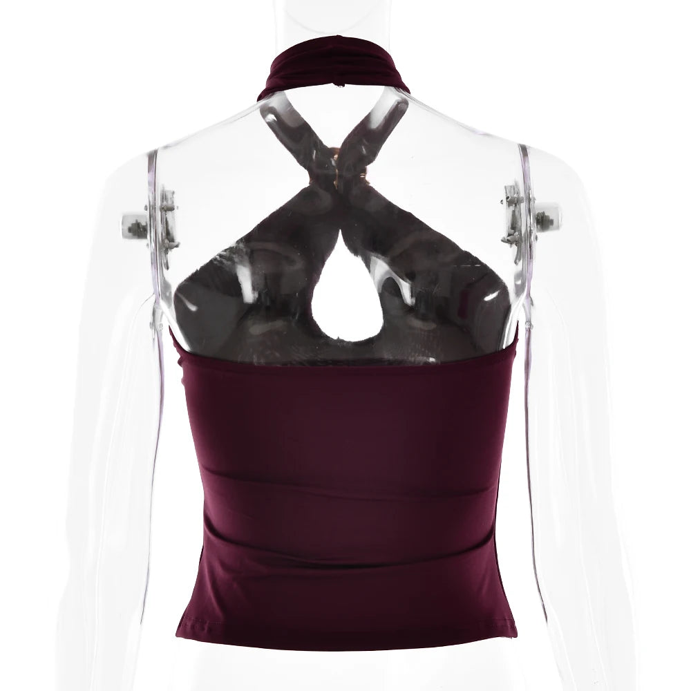 Fantoye Sexy Backless Metal Ring Halter Women Top Black Hollow Out Off Shoulder Crop Vest Female Summer Slim Elegant Streetwear