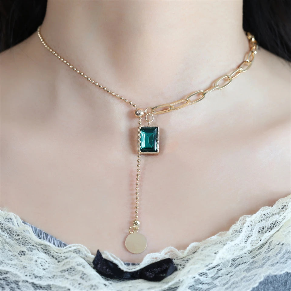 Trendy Square Stainless Steel Green Zirconia Pendant Necklaces For Women Girls Gold Color Metal Round Drop Jewelry Birthday Badiee Stylez