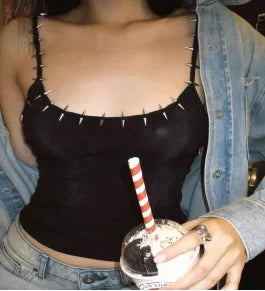 Niche personality printed sexy women's suspender vest summer retro chic low collar street casual slim color contrast T-shirt 2