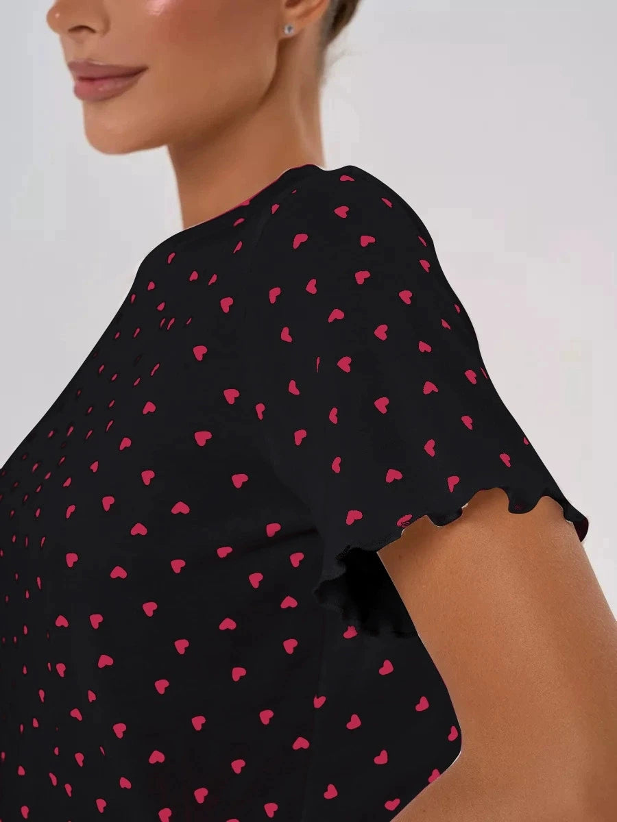 Womens Cute Heart Print Pajama Set Two Piece Short Sleeve Crop Top Ruffle Shorts Sleepwear Loungewear Casual Summer Nightwear ﻿