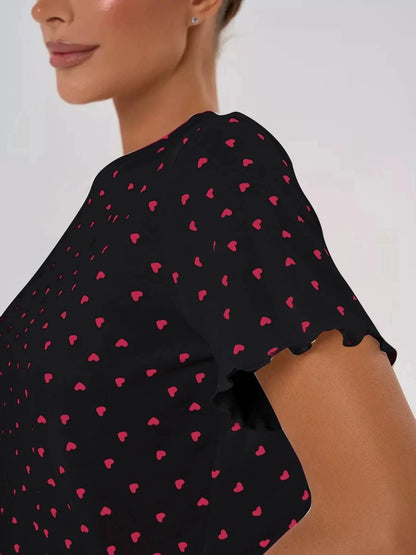 Womens Cute Heart Print Pajama Set Two Piece Short Sleeve Crop Top Ruffle Shorts Sleepwear Loungewear Casual Summer Nightwear ﻿