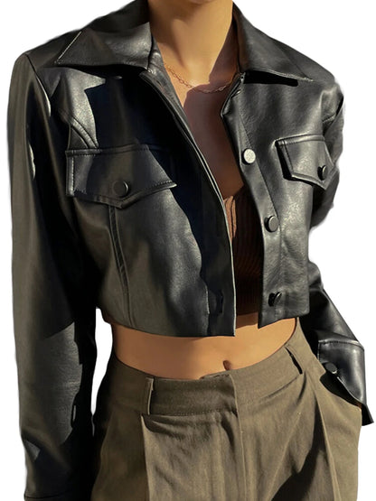 Women Crop Leather Jacket Solid Black Casual Long Sleeve Button Down Jacket Fall Outwear
