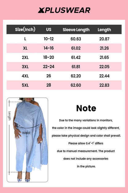 Plus Size Daily Blue Oblique Collar Batwing Sleeve Long Sleeve Split Irregular Hem Denim Jacket