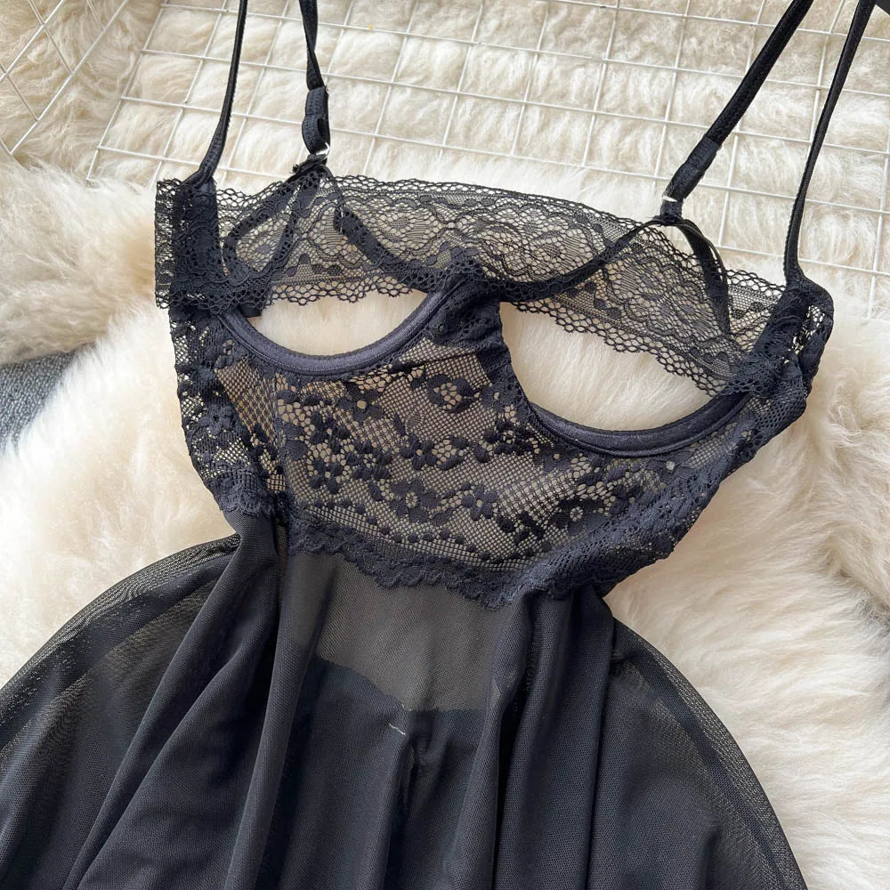 SINGREINY Transparent Lace Sexy Nightwear Sleeveless Slim Backless Short Dress Women Strap Floral Mesh Sheer Erotic Nightdress