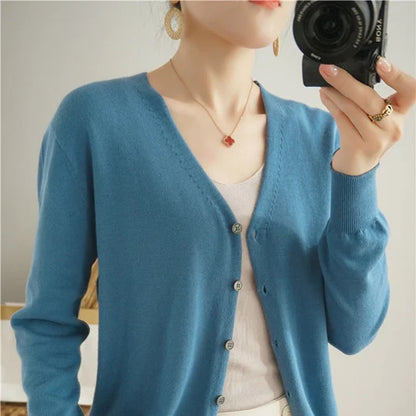 100% Cotton Line Long Sleeve V-Neck Knitted Cardigan Women Loose Short Solid Color Simple Sun Protection SMY K61
