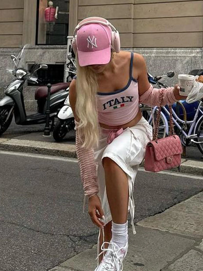 ITALIA Embroidery Sleeveless Crop Top Pink Sexy Basic Patchwork Summer Casual Camis Backless Y2k Vintage Tank Tops Women