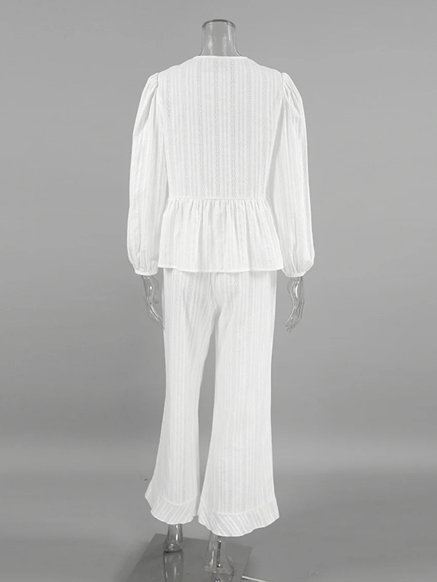 Marthaqiqi Winter Women Pajamas Suit Lace Up Sleepwear Long Sleeve Nightgowns O-Neck Nightwear Pants Casual Ladies Home Clothes