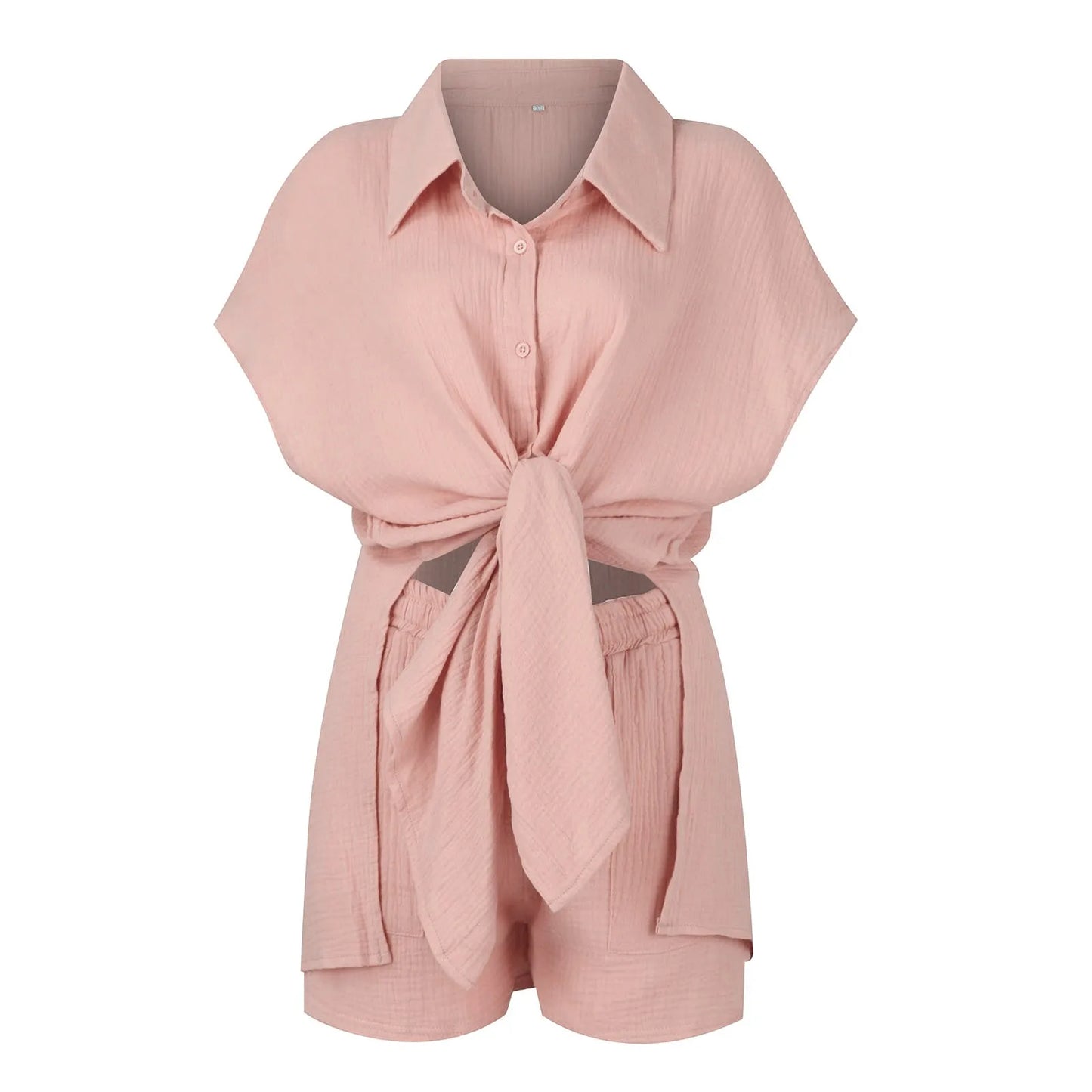 Summer cotton and linen solid color shirt short sleeved casual shorts set Pink