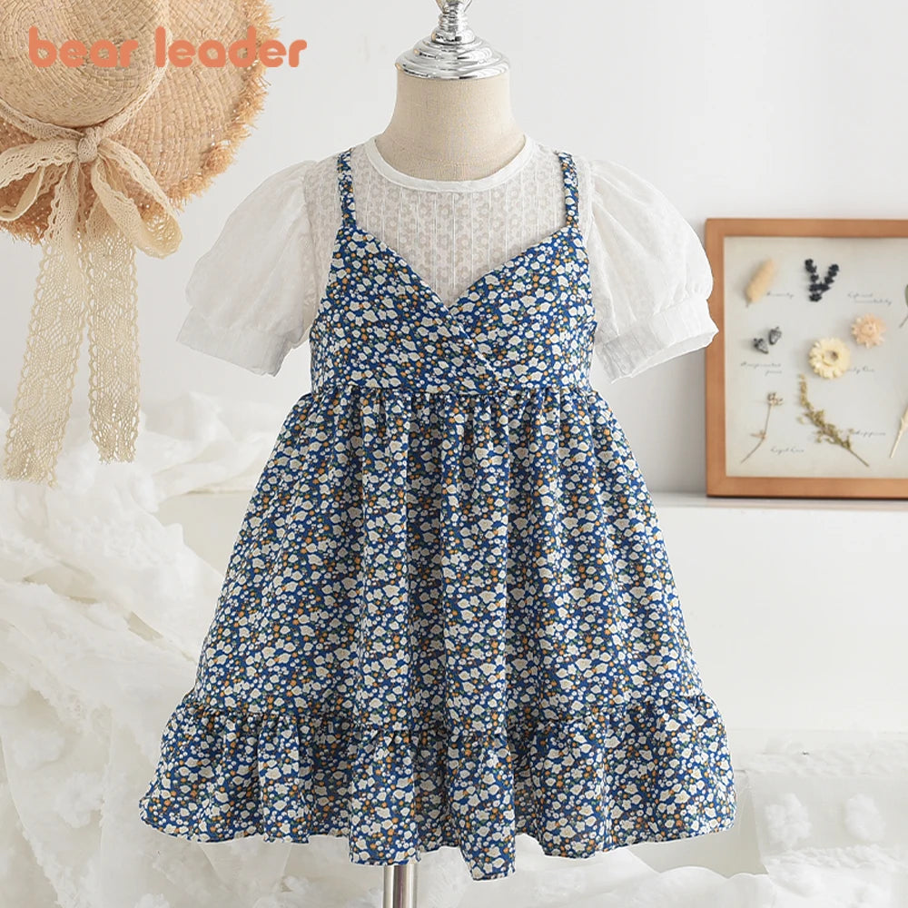 Bear Leader Girls Floral Dresses 2023 Summer New Children's Rustic French Chiffon Floral Fake Two Pieces Halter Dress