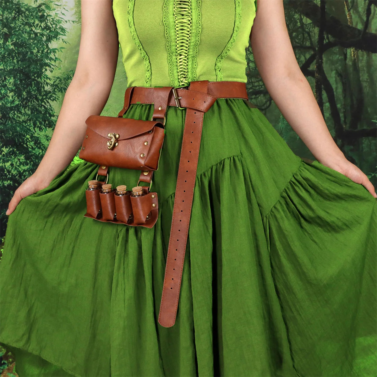 Renaissance Leather Belt Medieval Wizard Alchemy Glass Magic Bottle Cork Bottle Stopper Copper Coin Waist Bag Cosplay Belt Badiee Stylez