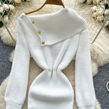SINGREINY Autumn Knitwear Bodycon Dress Diagonal Collar High Elastic Slim Fit Design Female Light Luxury Solid Sweater Dress