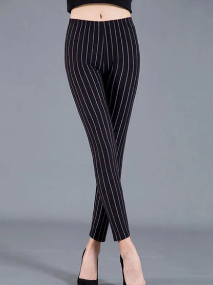 CUHAKCI Female Fitness Leggings Women Print Plaid Leggings Lady Sexy Slim Pencil Pants Push Up Elastic Waist Trousers Black Stripe