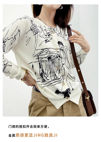Graffiti Digital Jacquard Fine Imitation Fashion Wool Knitted Cardigan Women's 22 Spring Autumn Thin Loose Jacket Trendy Sweater