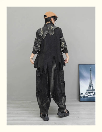 Trendy Cool Pant Set Women Autumn Vintage Denim Patchwork Long Sleeve Irregular Jacket + Harem Pants Two-Piece Set LX4331 Badiee Stylez