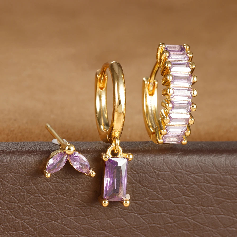 3PCS Stainless Steel Square Earrings Sets for Women Vintage Zircon Pendant Geometry Round Circle Hoop Earrings Piercing Jewelry Gold-Purple-3pcs