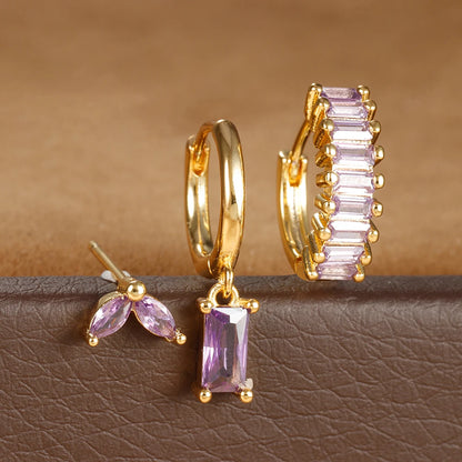 3PCS Stainless Steel Square Earrings Sets for Women Vintage Zircon Pendant Geometry Round Circle Hoop Earrings Piercing Jewelry Gold-Purple-3pcs