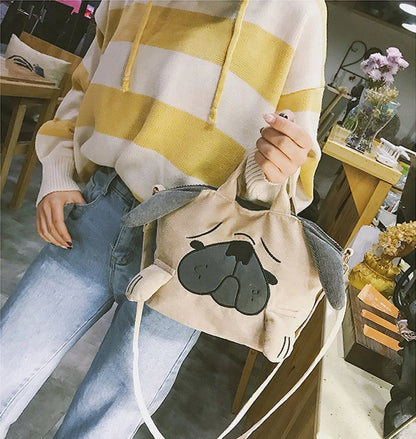 Cute Animal Handbags For Women Casual Travel Large Capacity Totes Shoulder Bags Pug Dog Corduroy Messenger Bag Feminine Bolsas