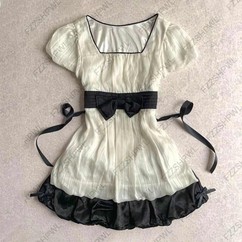 Streetwear Lace Unique Y2K Dress Bowknot Harajuku Frock Fashion Goth A-line skirt Vintage Punk Casual Skirt Hip Hop Braces skirt Bai