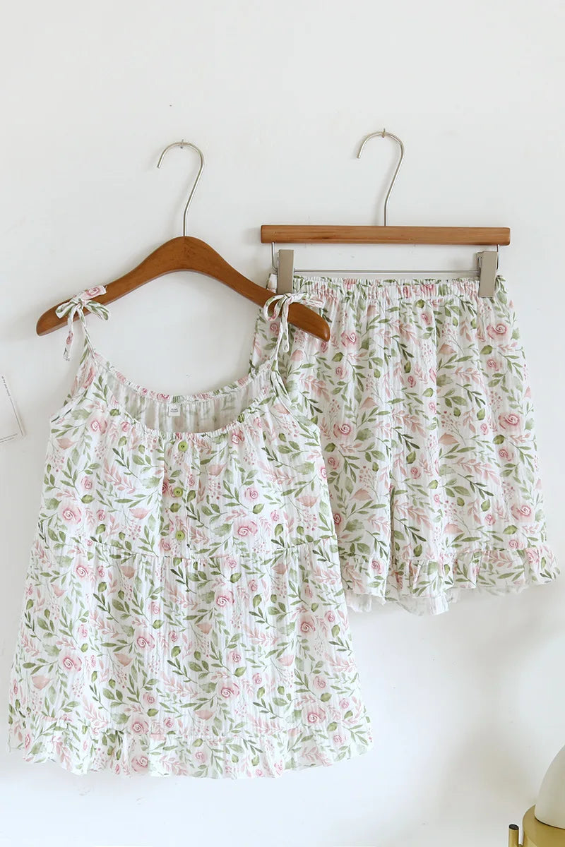 2025 Japanese Summer New Women's Pajama Set 100% Cotton Crepe Cloth Ladies Suspender+Shorts Two Piece Home Furnishing Set