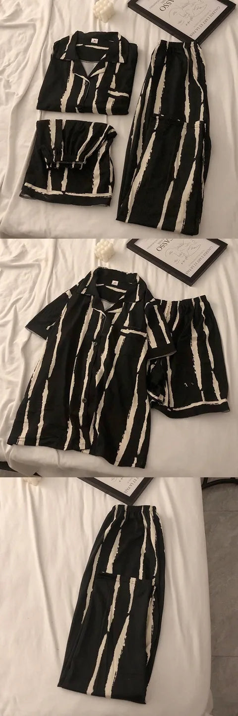 Three-Piece Set of Ladies Pajamas Short Sleeve Long Pants Student Loungewear Cartoon Cardigan Short Sleeve Shorts Cute Pajamas