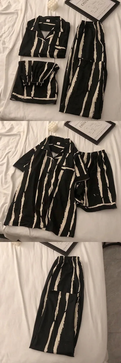 Three-Piece Set of Ladies Pajamas Short Sleeve Long Pants Student Loungewear Cartoon Cardigan Short Sleeve Shorts Cute Pajamas