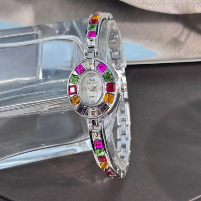 Color zircon advanced sense diamond set women's watch niche bracelet bracelet Small exquisite quartz watch cross-border hot sale Silver