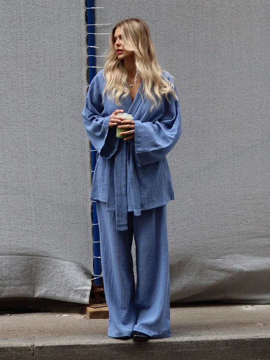 Mozuleva 2025 Autumn New 100% Cotton Women's Blue Lace Up Long Sleeve Pajama Set Loose Pants 2 Piece Leisure Homewear