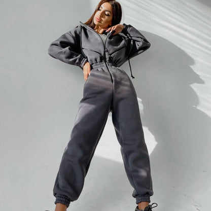 Autumn Women's Monochrome Long-Sleeved Jumpsuit Solid Color Zip-up Sportswear Female Winter Casual Tracksuit Fashionable Hoodies Badiee Stylez