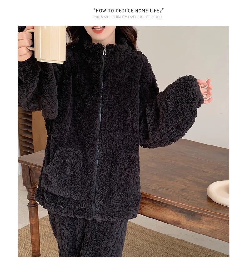 Large Size Flannel Pajamas Set Autumn Winter Female Sleepwear Trouser Suit Thicken Coral Fleece High Collar Lounge Wear Homewear