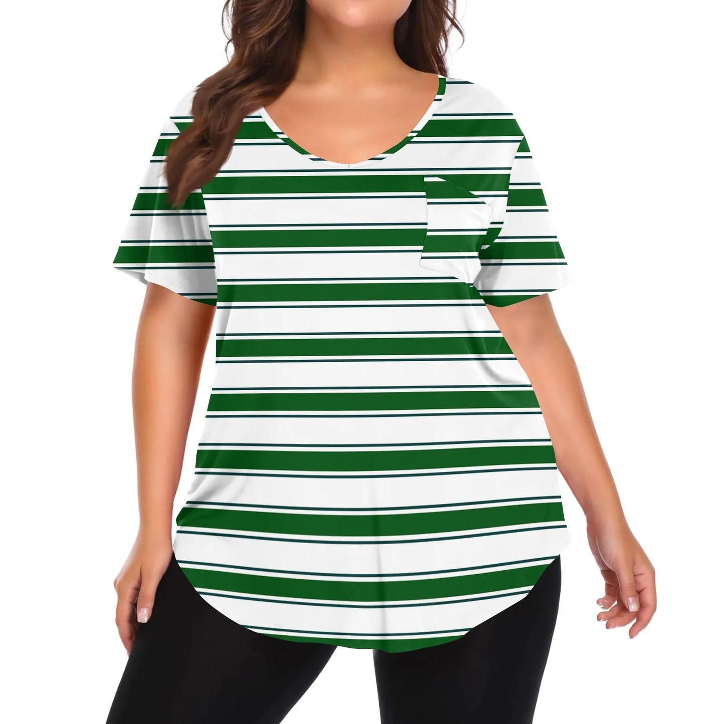 Plus Size Casual striped T-shirt For Women V neck short sleeves Loose Tops With Pocket Summer Daily Casual Plus Size Women's Top Green