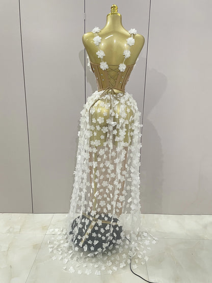 Sexy Mesh See Through Flowers Backless Long Dress 2025 Women Elegant Party Wedding Celebrate Evening Gown Prom Hotwife Outfit