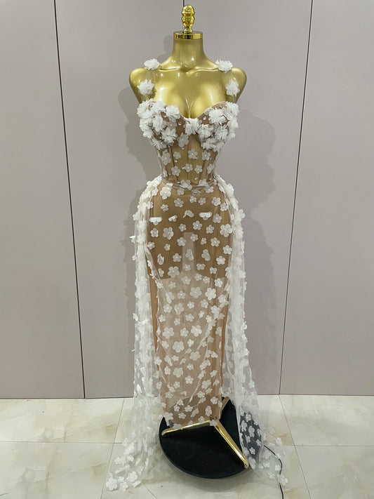 Sexy Mesh See Through Flowers Backless Long Dress 2025 Women Elegant Party Wedding Celebrate Evening Gown Prom Hotwife Outfit WHITE