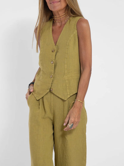 Women's Clothing 2024 Spring Summer New Fashionable Vest Pants Collage Splicing Pure Sleeveless Color Temperament Casual Suit Olive Green