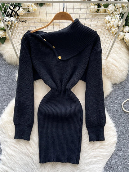 SINGREINY Autumn Knitwear Bodycon Dress Diagonal Collar High Elastic Slim Fit Design Female Light Luxury Solid Sweater Dress black One Size