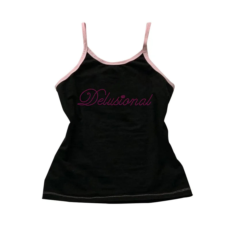 Vintage Punk Rhinestone Letter Gothic Sleeveless Streetwear Short Sleeve Sexy T Shirt Y2k Style Crop Tank Top Women Summer Camis army green