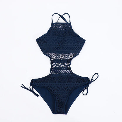 New 2024 women swimsuit one pieces swimwear female sexy hollow monokini lace halter bathing suit pad beachwear solid bodysuit