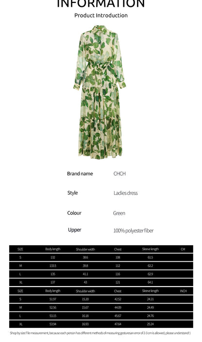 CHCH 2025 Dresses Women's New Belted Chiffon Print V-neck Chic Slim Long Dress Fashion Elegant Holiday Street Women's Dress