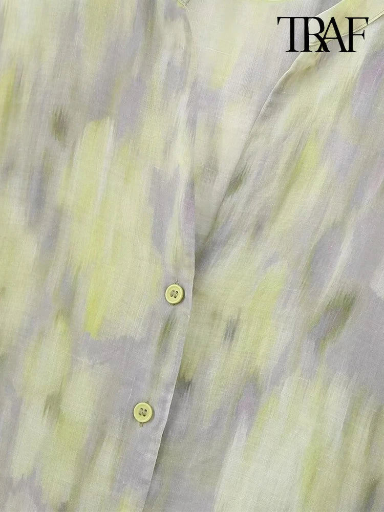 TRAF Women's single-breasted V-neck long-sleeved shirt Drawstring high-waisted wide-legged trousers Retro Printed Cotton Set