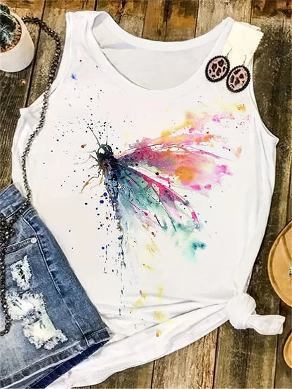 Women's Summer Colorful Dragonfly Print Large Casual Sleeveless Loose Tank Top T-shirt Tank Sleeveless Slim Vest Tops Streetwear