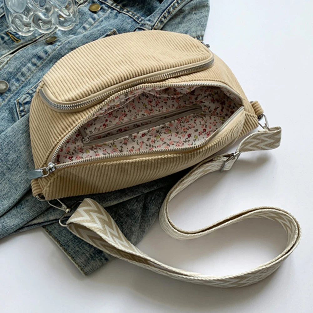 Corduroy Chest Bag Fashion Fanny Pack Wide Guitar Strap Casual Waist Bag Multi-pockets Hobo Sling Bag Outdoor Travel Bag