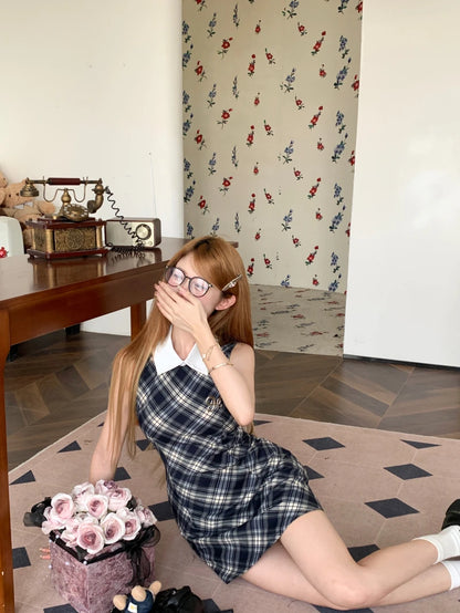 Onalippa Vintage Plaid Mini Dress Women Waist Belt Polo Collar Sleeveless A Line Dresses High Street Contrast Vestidos