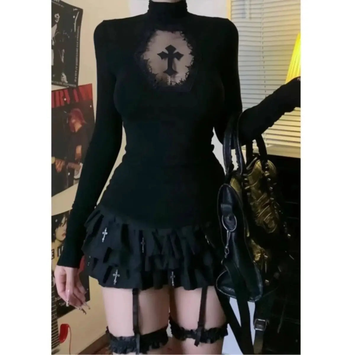 Sexy Woman Y2k Clothing Goth Cross Hollow Out Tshirt Slim Punk 2000s Hot Girl Lace Long Sleeves High Collar Harajuku Vintage Top